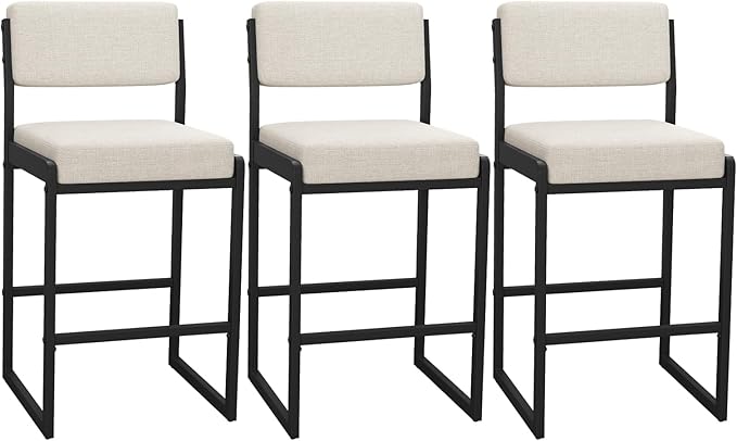 Mid Century Modern Counter Height Bar Stools Set of 3, 26" Bar Height Chairs with Backs, Upholstered Counter Stools, Metal Barstools for Kitchen Island (Beige- Fabric, 26" H - Set of 3)