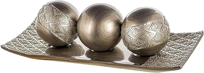 Creative Scents Dublin Silver Decorative Tray and Orbs Balls Set - Centerpiece Bowl with Balls for Dining room Table, Rustic Coffee Table Decor for Living Room Decor, Gift Boxed