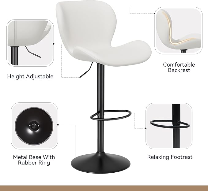 Nalupatio Swivel Bar Stools Set of 2,PU Leather Upholstered Barstools with Back & Footrest, Seat Adjustable Height 22.2-31IN Counter Height Bar Chairs for Bar Kitchen Island,White