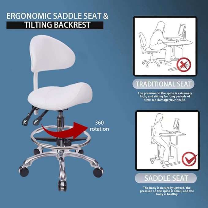 Saddle Stool Chair with Back with Foot Ring Rolling Esthetician Seat for Salon Tattoo Shop Spa Facial lash Home Dentist Clinic Esthetician Chair(with Backrest with Foot Ring, White)