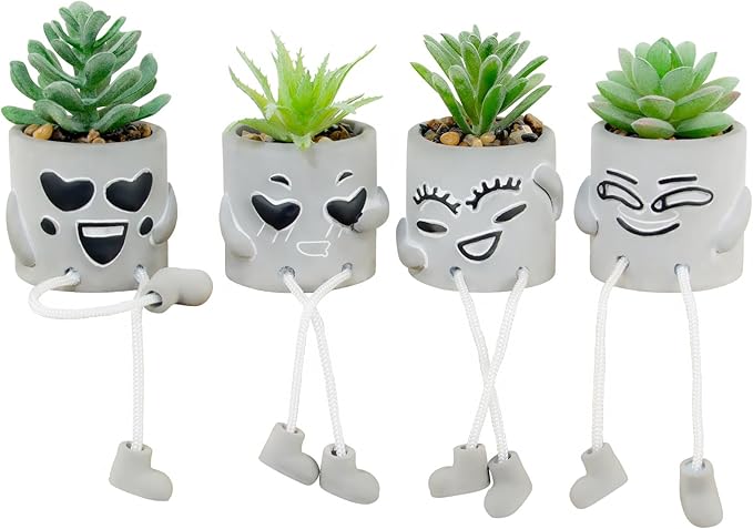 4 Pack Artificial potted Succulent Plants with Hanging Legs, Fake Mini Succulents in Pots, Faux Small Plants for Office Desk, Kitchen, Bathroom, Home Shelf Decor, Funny Office & Home Decor Accents