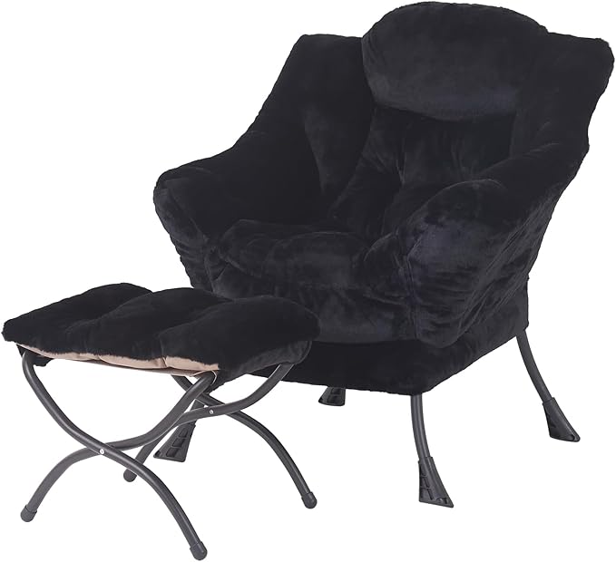 Welnow Lazy Chair with Ottoman, Modern Lounge Accent Chair with Armrests and a Side Pocket, Leisure Sofa Armchair, Reading Armchair with Footrest for Small Space, Plush Black