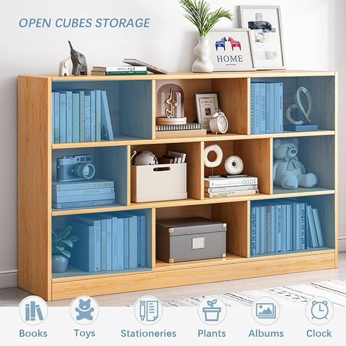 IOTXY Open Shelf Low Bookcase - Wooden 3-Tier Floor Standing Display Cabinet Organizer with Base, 10 Cubes Short Horizontal Bookshelf in Bright Blue