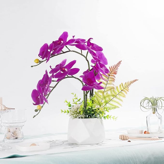 LESING Artificial Potted Orchid Flower for Table Centerpieces,Real Touch Fake Orchid Flowers in Vase for Home Decoration (Style 1,White Vase)