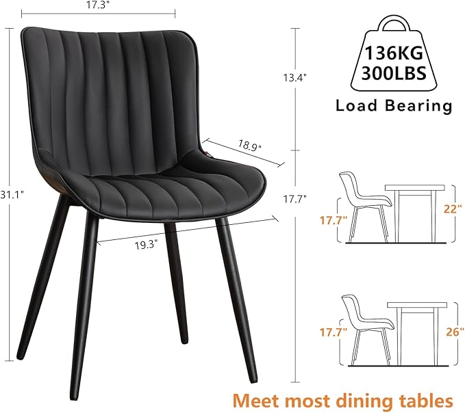 YOUNUOKE Black Dining Chairs Set of 2, Mid-Century Modern Faux Leather Upholstered Armless Kitchen Chairs, Metal Legs, 300 LBS Capability, Minimalist Accent Chair for Living Room
