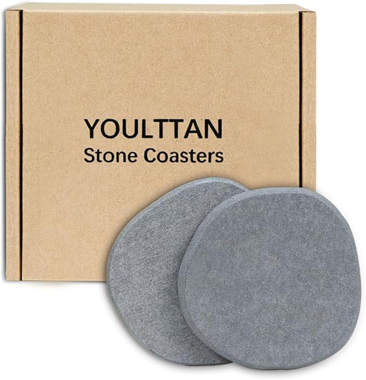 Diatomaceous Earth Coasters, 2pc Set – 3.9"x3.9", Quick-Dry, Absorbent, Heat-Resistant, Modern Stone Design, Dark Gray, Irregular Shape