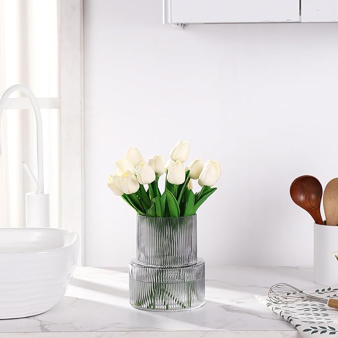 Black Glass Vase, Ribbed Glass Vase for Tulips, Flower Vases for Bouquet, Black Modern Vases for Living Room, Dining Table, Entryway, Mantle, Shelf, Wedding, Office, 7.5 Inches