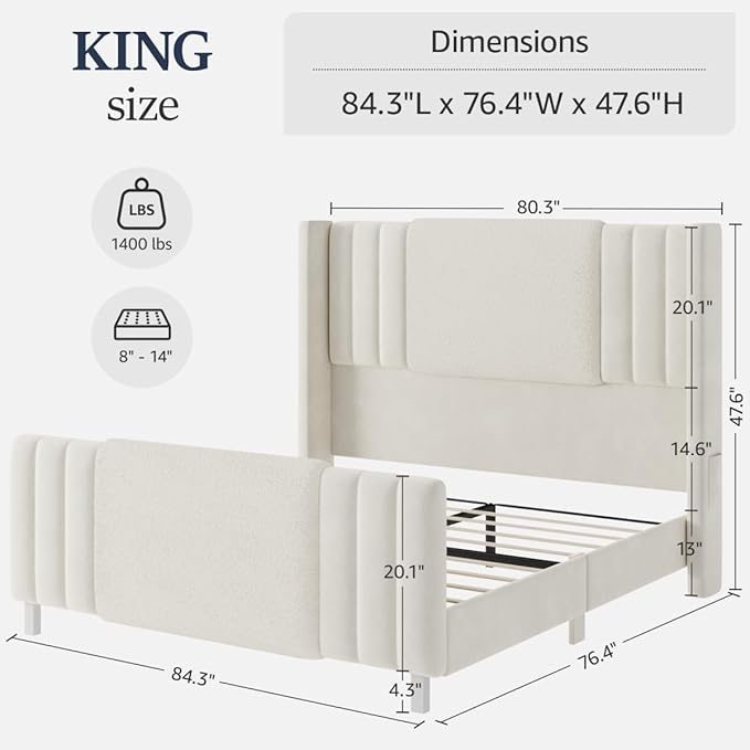 King Size Bed Frame with Tall Headboard and Footboard, Boucle and Velvet Upholstered Bed Frame King with LED Lights, Modern Platform Bed Frames, Noiseless, Easy Assembly, White