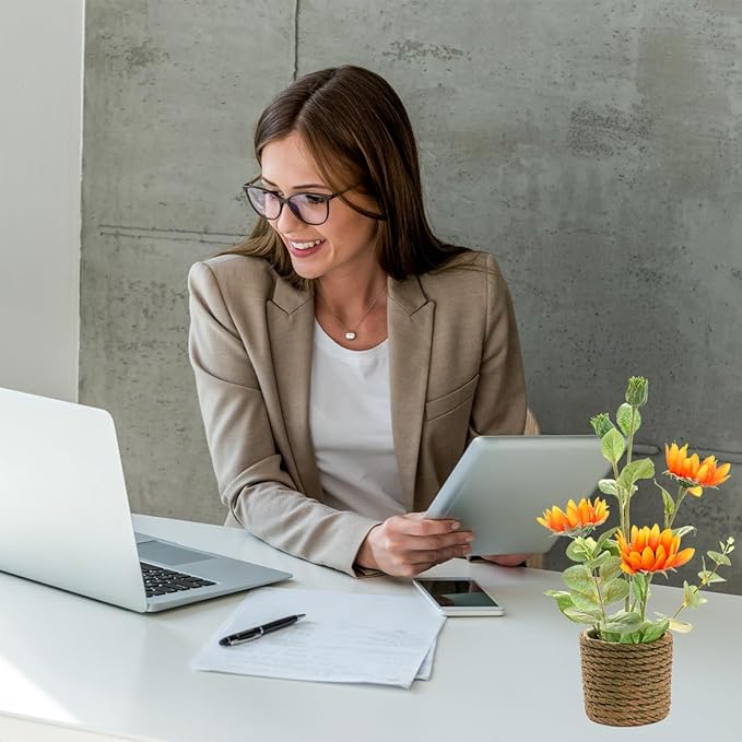 AlphaAcc 13.5 Inches Artificial Plant Sunflower Arrangement Realistic Orange Silk Fake Plants with Eucalyptus Stems in Rustic Rope-Striped Cement Planter Faux Potted Flowers for Home Décor Indoor