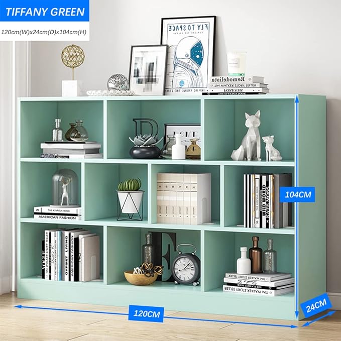 IOTXY Open Shelf Low Bookcase - Wooden 3-Tier Floor Standing Display Cabinet Organizer with Base, 10 Cubes Short Horizontal Bookshelf in Tiffany-Green