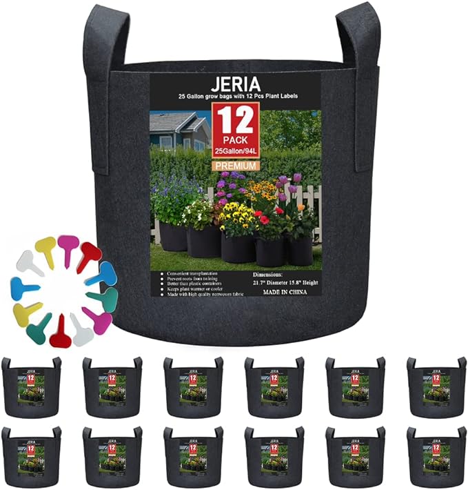 JERIA 12-Pack 25 Gallon, Vegetable/Flower/Plant Grow Bags, Aeration Fabric Pots with Handles (Black), Come with 12 Pcs Plant Labels