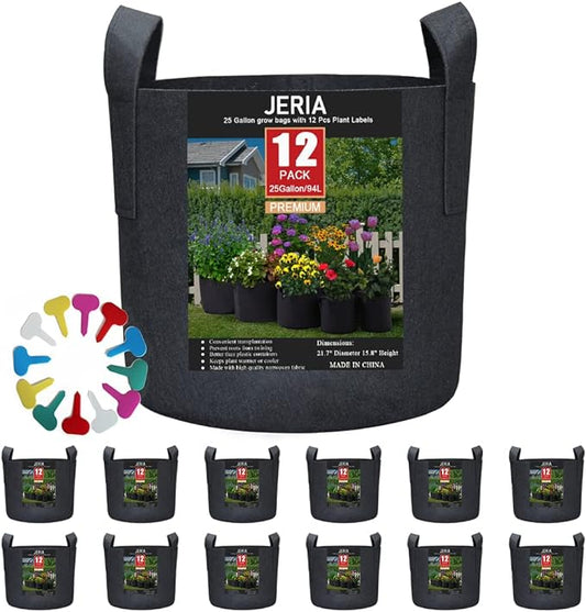 JERIA 12-Pack 25 Gallon, Vegetable/Flower/Plant Grow Bags, Aeration Fabric Pots with Handles (Black), Come with 12 Pcs Plant Labels