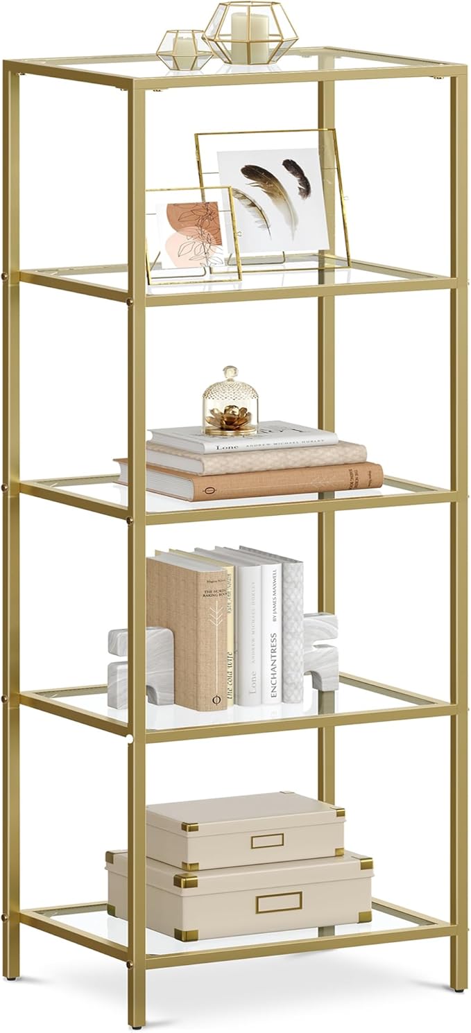 VASAGLE Bookcase, 5-Tier Bookshelf, Slim Shelving Unit for Bedroom, Bathroom, Home Office, Tempered Glass, Steel Frame, Metallic Gold ULGT029A01