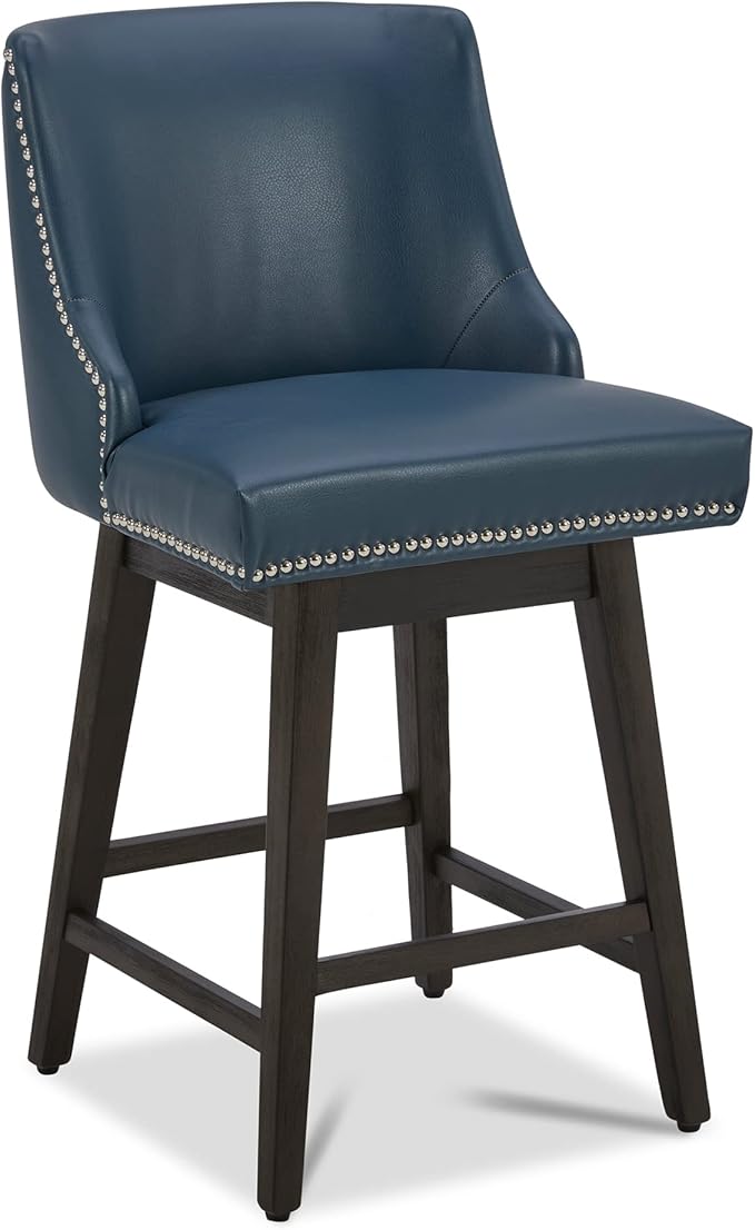 CHITA Counter Height Swivel Bar Stools, FSC Certified Upholstered Counter Stools, Modern Swivel Barstools with Wood Legs for Kitchen Island, 26" Seat Height, Faux Leather in Blue