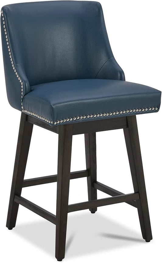 CHITA Counter Height Swivel Bar Stools, FSC Certified Upholstered Counter Stools, Modern Swivel Barstools with Wood Legs for Kitchen Island, 26" Seat Height, Faux Leather in Blue