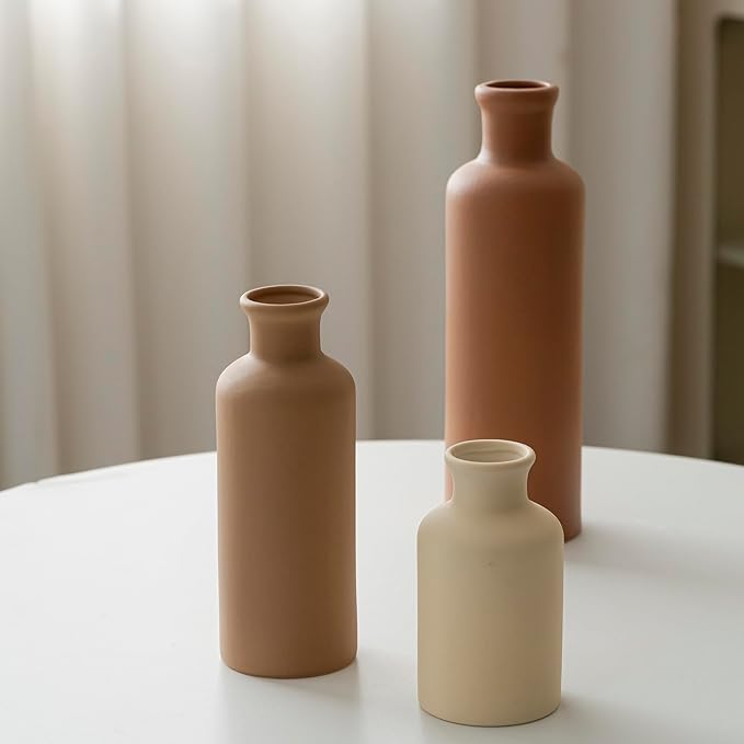 10 Inch Modern Ceramic Vase Set of 3, Neutral Colors, Decorative Bottles for Home, Farmhouse Rustic Decor (Coffee Mix)
