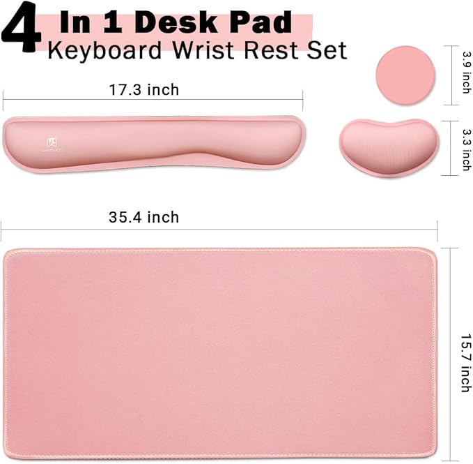 4-in-1 Large Gaming Mouse Pad, Keyboard Wrist Rest Pad & Wrist Support Mousepad Set, Extended Desk Pad Waterproof Desk Mat for Home Office Study Game-Pink