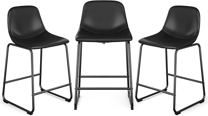 Rfiver Pu Faux Leather Bar Stools Set of 3, Industrial Pub Barstools with Back and Footrest, Modern Armless Bar Height Stool Chairs (Black, 24" Counter Chair x3)