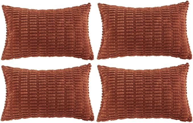 Fancy Homi 4 Packs Rust Long Lumbar Decorative Throw Pillow Covers 14x24 Inch for Living Room Couch Bed, Boho Home Decor, Soft Striped Corduroy Rectangle Accent Terracotta Cushion Case 35x60 cm
