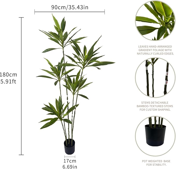 Artificial Cordyline Plant, 6 Ft Tall Green Leaves, 5 Stems with Pot, Indoor Decorative Tree(Green)