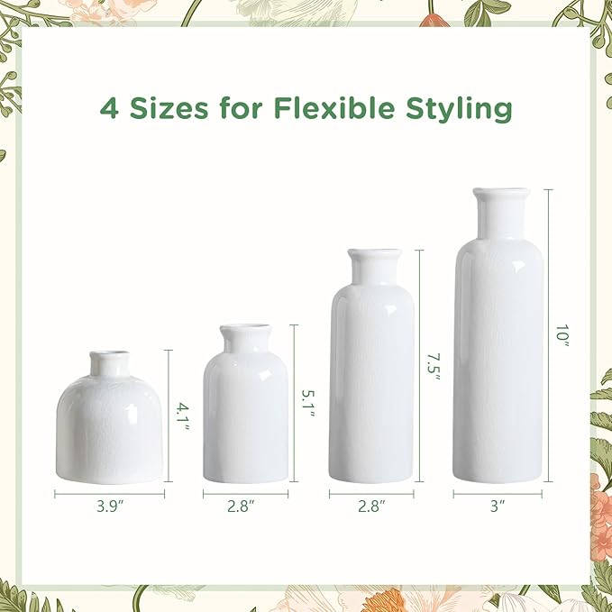 White Ceramic Vase Set, 10 Inch Farmhouse Decor Vase, Home Decorative Vases for Home Decor, Kitchen, Bedroom, Office, Living Room, Bathroom, Ideal Housewarming Gift (Modern White)