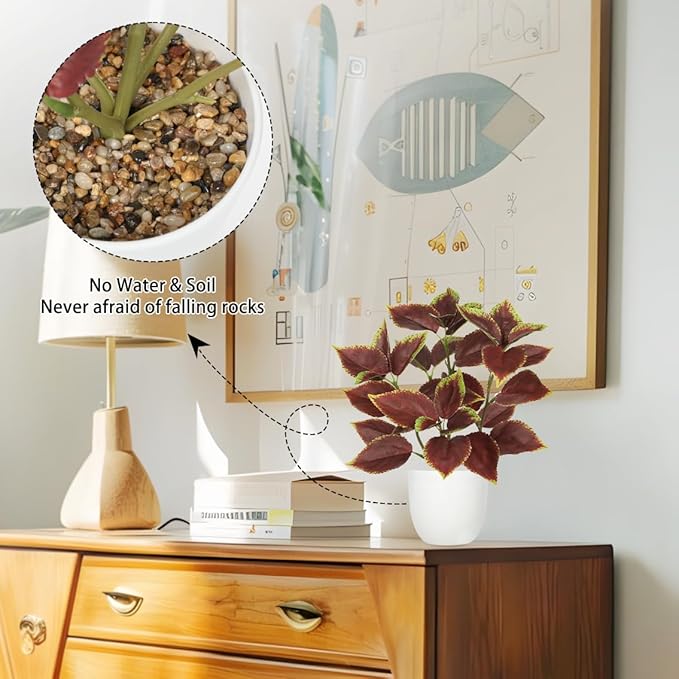 Artificial Plants Indoor 14.2" Small Fake Perilla Plant in Pot Potted Plants Artificial Decor Faux House Plant with White Pot for Farmhouse Home Office Bathroom Living Room Table Shelf Decor