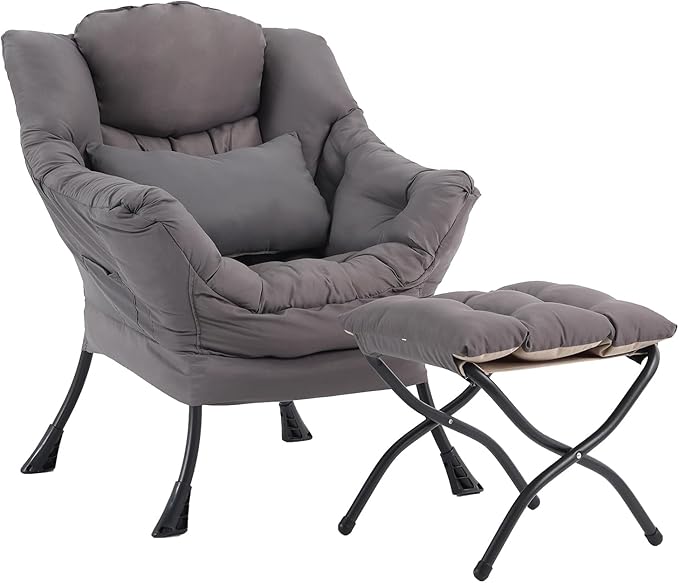 Lazy Chair with Ottoman, Modern Accent Chair with Lumbar Pillow, Comfy Chairs with Folding Footrest for Bedroom, Reading, Oversized Supportive Lounge Chairs(Dark Grey)