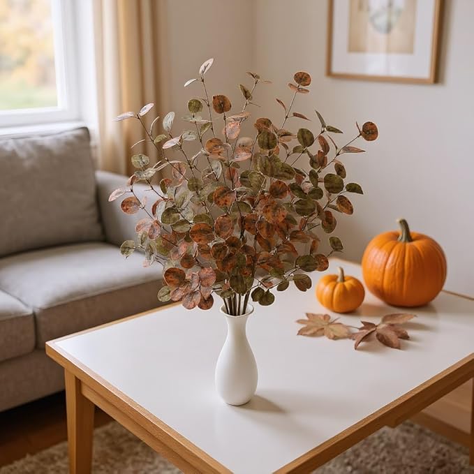6 Pcs 27" Fall Eucalyptus Leaves Stems Faux Fall Floral Stems for Vase Silk Autumn Foliage Branches for Home Decorations Flower Arrangement Harvest Table Mixed Color