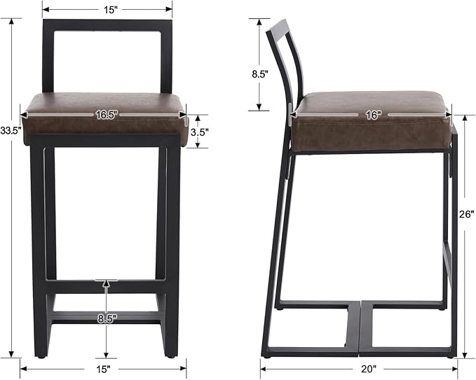 26’’ Modern Bar Stools Set of 2, Upholstered PU Leather Bar Chairs with Backrest Armless Counter Height Stools with Metal Frame for Kitchen Island Dining Room, Grayish Brown