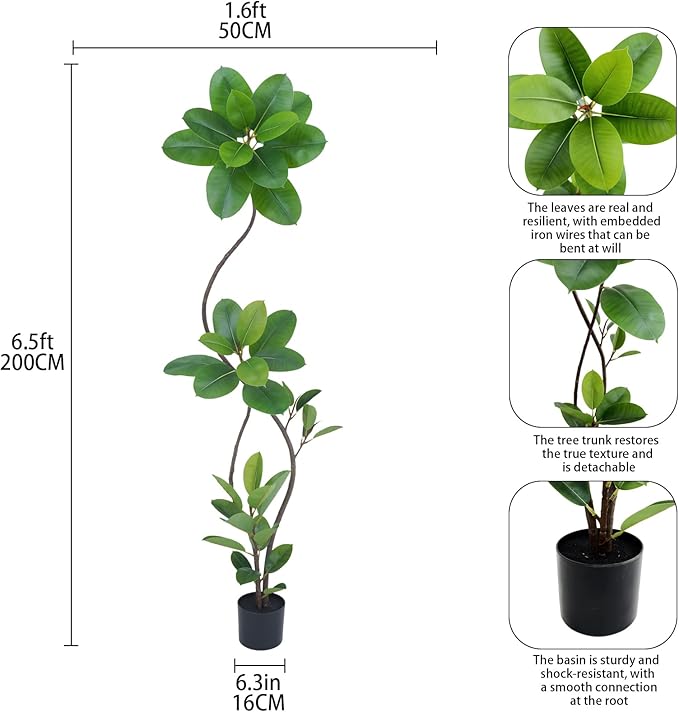 Artificial Rubber Tree Plant, 78 Inch Indoor Tree, Green with Round Planter, All Season Home Decor (Green,6.5ft)