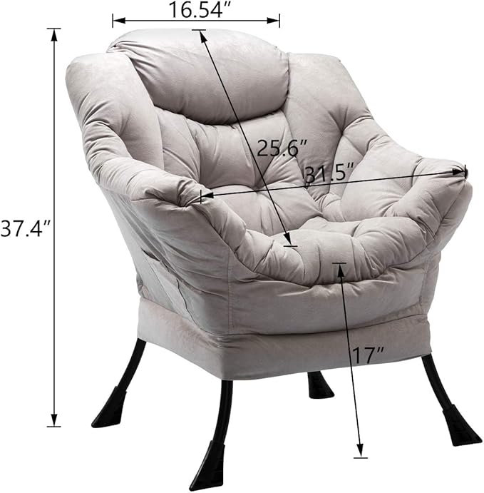 HollyHOME Modern Large Cotton Fabric Lazy Chair，Accent Contemporary Lounge Chair, Single Steel Frame Leisure Sofa Chair with Armrests and A Side Pocket, Grey