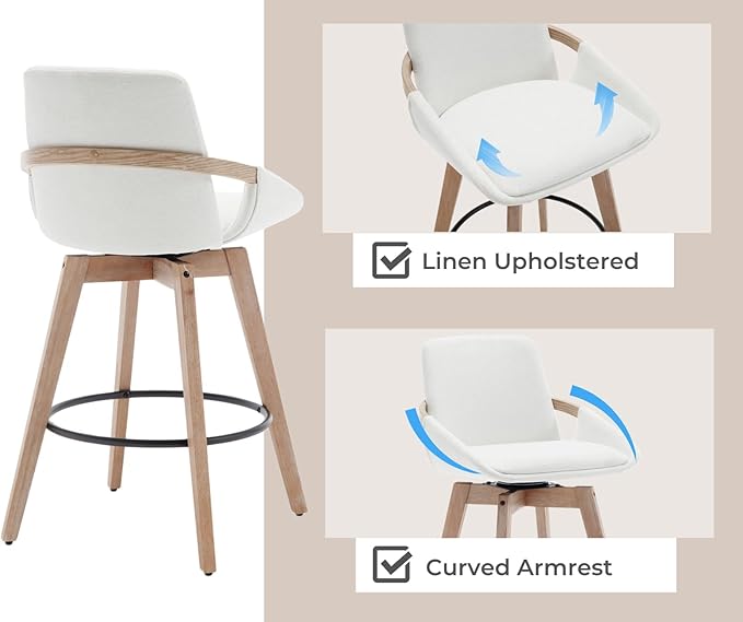 EALSON Swivel Counter Height Bar Stools Set of 4 Mid Century Modern Natural Wood Barstools with Back and Arms Comfortable Upholstered Counter Stools Linen Bar Chairs for Kitchen Island, Beige