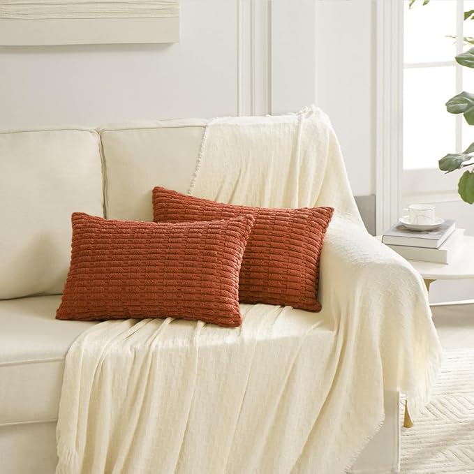 Fancy Homi 2 Packs Burnt Orange Lumbar Decorative Throw Pillow Covers 12x24 Inch for Living Room Couch Bed Sofa, Farmhouse Boho Fall Home Decor, Soft Striped Corduroy Rectangle Cushion Case