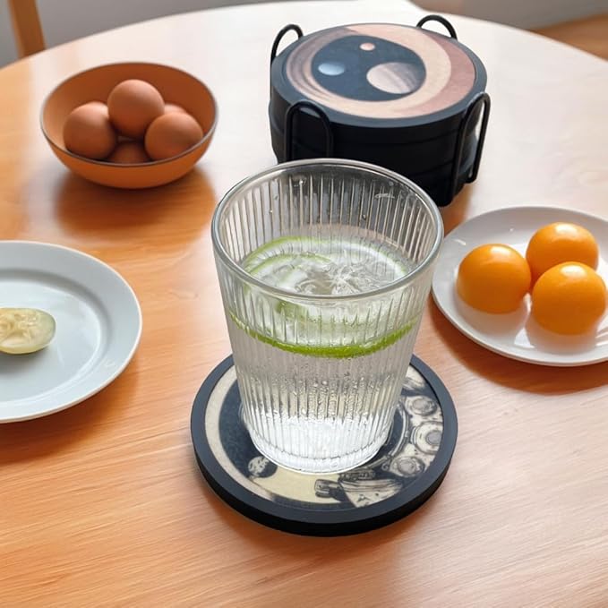 Absorbent Coasters for Drinks with Holder - 6packs, Silicone Coaster with Soft Felt Insert (4.3 inch Coasters with 4.5 inch Holder, Dual-Sided Space -Themed Patterns)