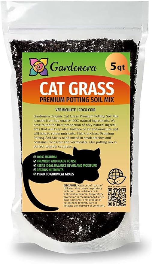 Premium Cat Grass Potting Mix by Gardenera - Enhance Your Cat's Digestive Health Naturally - 5 QUARTS