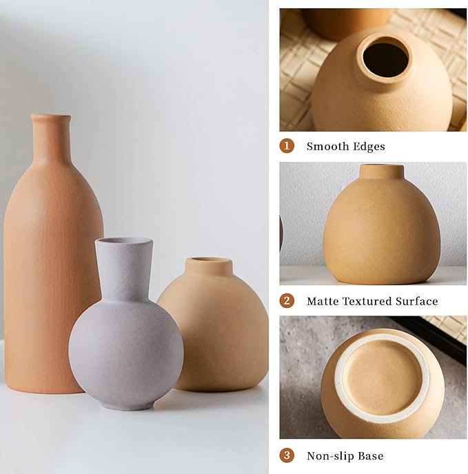 Ceramic Flower Vase Set of 3, Home Decor Vases for Centerpieces, Tulips Flowers Pampas Grass Decor, Boho Rustic Farmhouse Kitchen Bedroom Bathroom Living Room Office Wall Decor Aesthetic -Brown