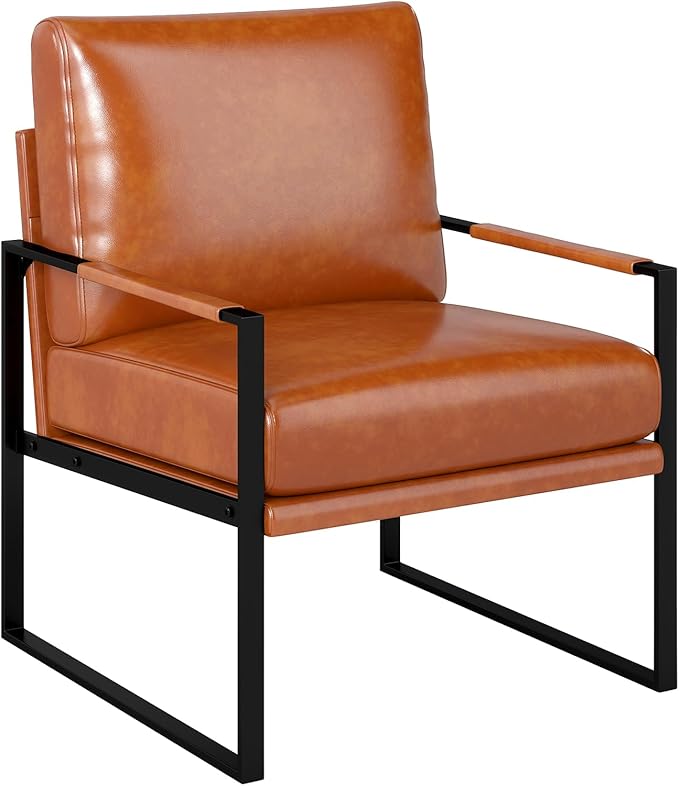 Phoenix Home Mid Century Modern Faux Leather Accent Chair, Metal Framed Armchair with Extra Soft Removable Seat Cushion & Backrest for Living Room Bedroom Waiting Room, Easy to Clean, Brown