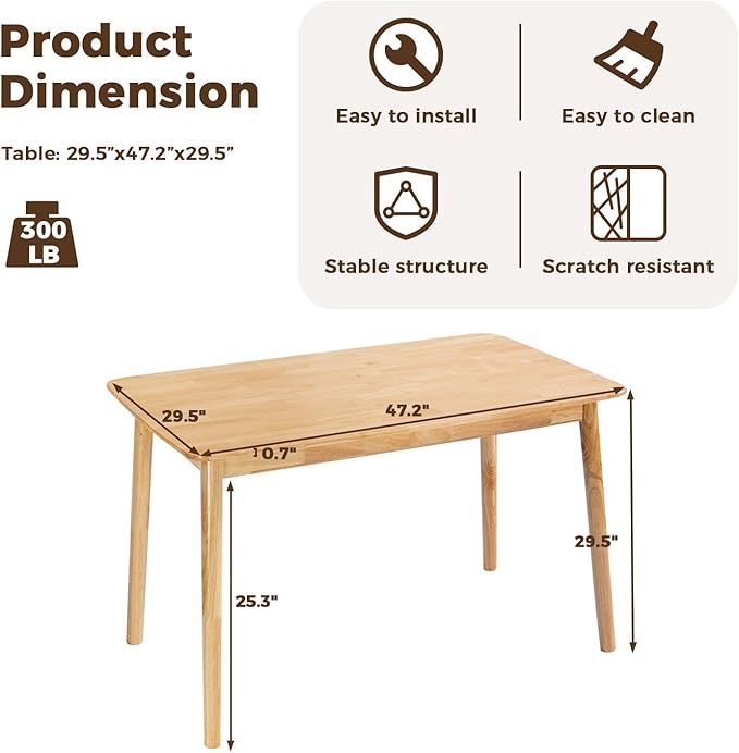 DELAVIN 47.2" Mid Century Modern Kitchen Table, Rectangular Oak Wood Dining Table for Dining Room, Living Room, Easy Assembly, Natural