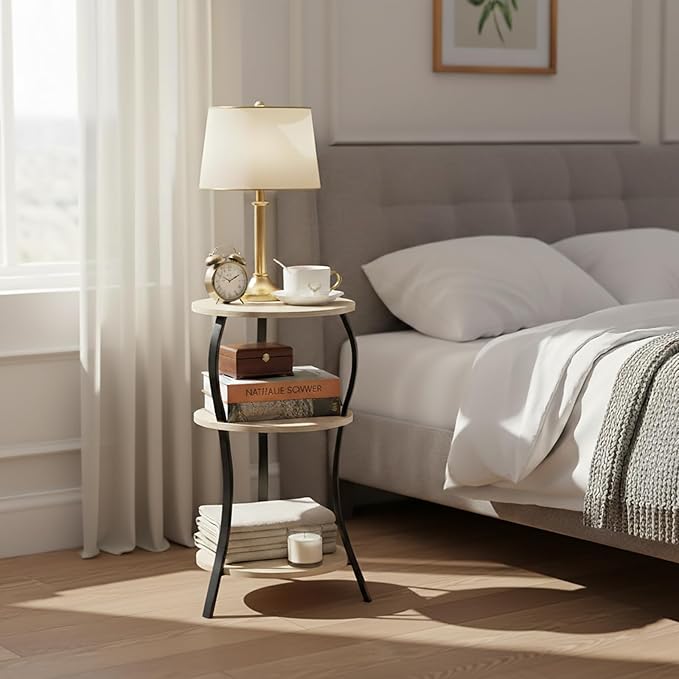 Vintage Small Round Side Table, 3-Tier Slim Waist Circular End Table with Storage Shelf, Compact Tea Sofa Side Table, Round Corner Coffee Table Nightstand for Living Room Bedroom Small Spaces,Oak