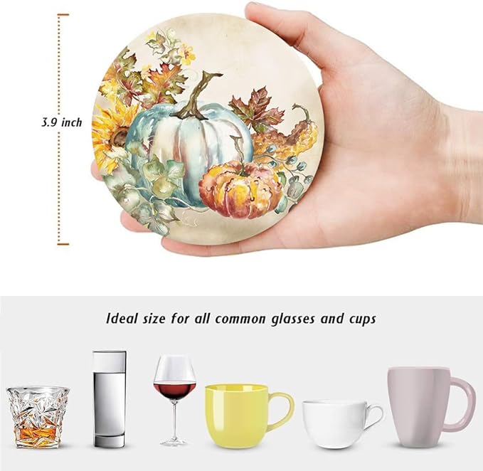 Fall Drink Absorbent Coasters with Holder Set of 6, Ceramic Stone with Cork Base, Watercolor Vintage Orange Pumpkin and Sunflowers Coaster for Drinks, Gift for Housewarming Room Bar Home Decor Kitchen
