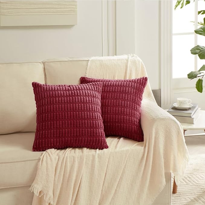 Fancy Homi 4 Packs Burgundy Decorative Throw Pillow Covers 16x16 Inch for Living Room Couch Bed, Holiday Christmas Home Decor Gift, Soft Plush Corduroy Cute Square Accent Cushion Case 40x40 cm