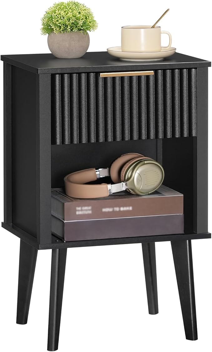 End Table, Fluted Night Stand, Modern Side Table, Bedside Table with 1 Drawer and 1 Open Compartment, Mid Century Nightstand, for Living Room, Bedroom, Study, Office, Black ETBK6201