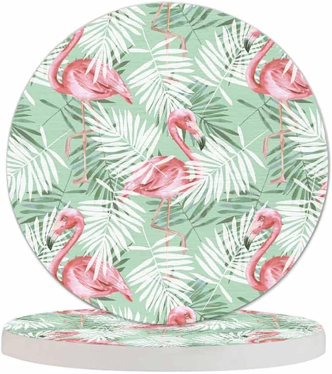 Flamingos and Palm Leaves Round Coaster for Home Coffee Table Watercolor Tropical Nature Birds Foliage Farmhouse Drink Coasters 100% Diatomite 4''X 4''X 0.35'' Printed Pattern