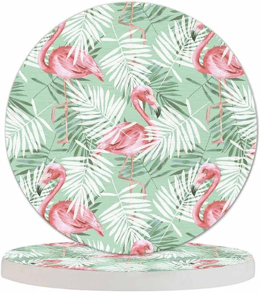 Flamingos and Palm Leaves Round Coaster for Home Coffee Table Watercolor Tropical Nature Birds Foliage Farmhouse Drink Coasters 100% Diatomite 4''X 4''X 0.35'' Printed Pattern