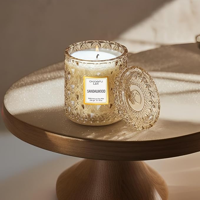 Chloefu LAN Sandalwood Candle, Dad Gifts Candle, Natural Soy Scented Candles for Stress Relief, 55 Hours Lasting Burning, Great Gift for Women & Men