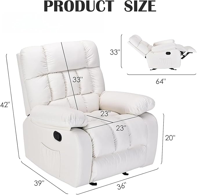 Oversized Recliner Chair, Leather Recliner Adjustable with Side Pockets, Living Room Reclining Lounge Chair for Adults, Small Spaces Comfy Sofa with Theater Seating for Bedroom, Movie,White