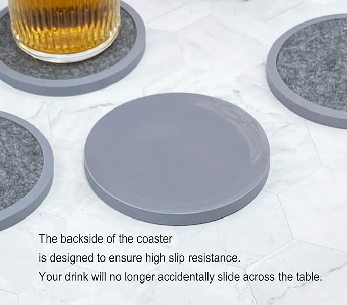 Absorbent Coasters for Drinks - 6packs, Silicone Coasters with Soft Felt Insert (4.3inch, Grey and Black)