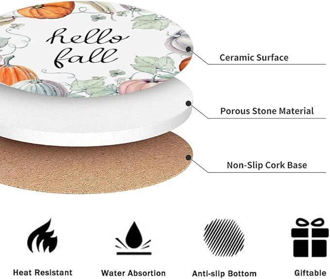 Fall Drink Absorbent Coasters with Holder Set of 6, Ceramic Stone with Cork Base, Watercolor Blue and Orange Pumpkin Pattern Coaster for Drinks, Gift for Housewarming Room Bar Home Decor Kitchen