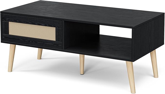 Wood Coffee Table with Storage, Boho Dining Table with Sliding Rattan Door Panel and Solid Wood Legs, Small Coffee Tables for Living Room, Oak (Black_LSJ008)