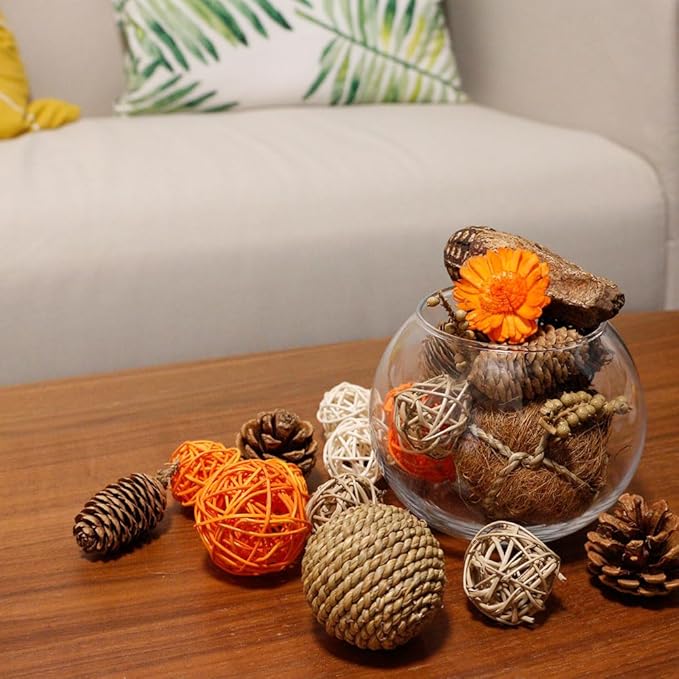 Qingbei Rina Fall Decorative Balls for Centerpiece Bowls, Assorted Wicker Rattan Balls, Autumn Bowl Vase Fillers, Decorative Orbs Woven Spheres, Thanksgiving Farmhouse Table Home Decor
